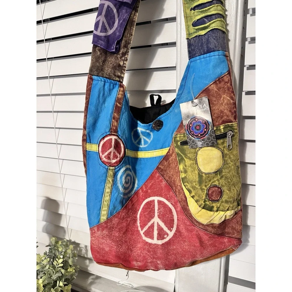Himalaya Handcraft Hippie Boho Patchwork Peace Signs Slouchy Crossbody‎ Hobo Bag